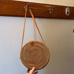 Round Woven Tan Crossbody Bag